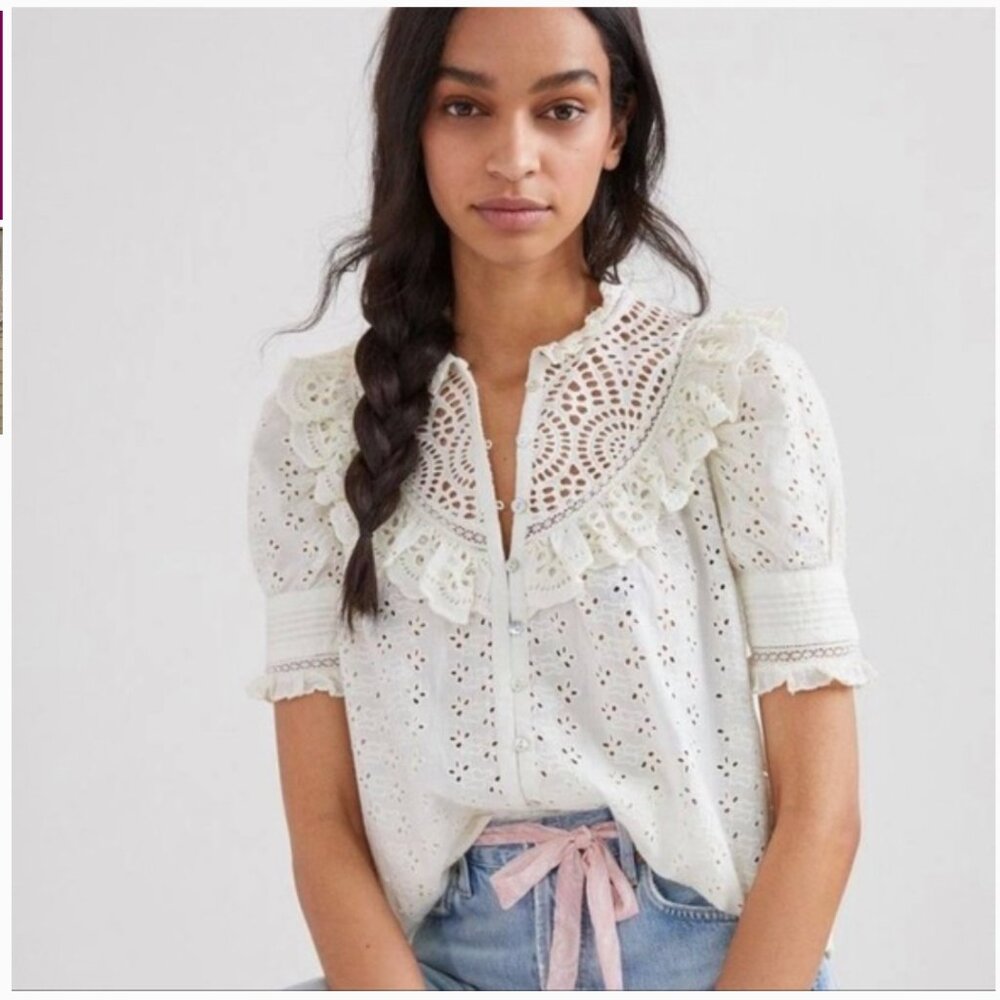 Anthropologie Love the Label Dreamer Ruffled Eyelet Blouse In White - Picture 2 of 10